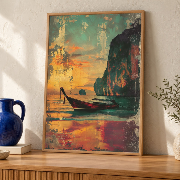 Retro Travel Poster, Phuket Thailand Longtail Boat Print