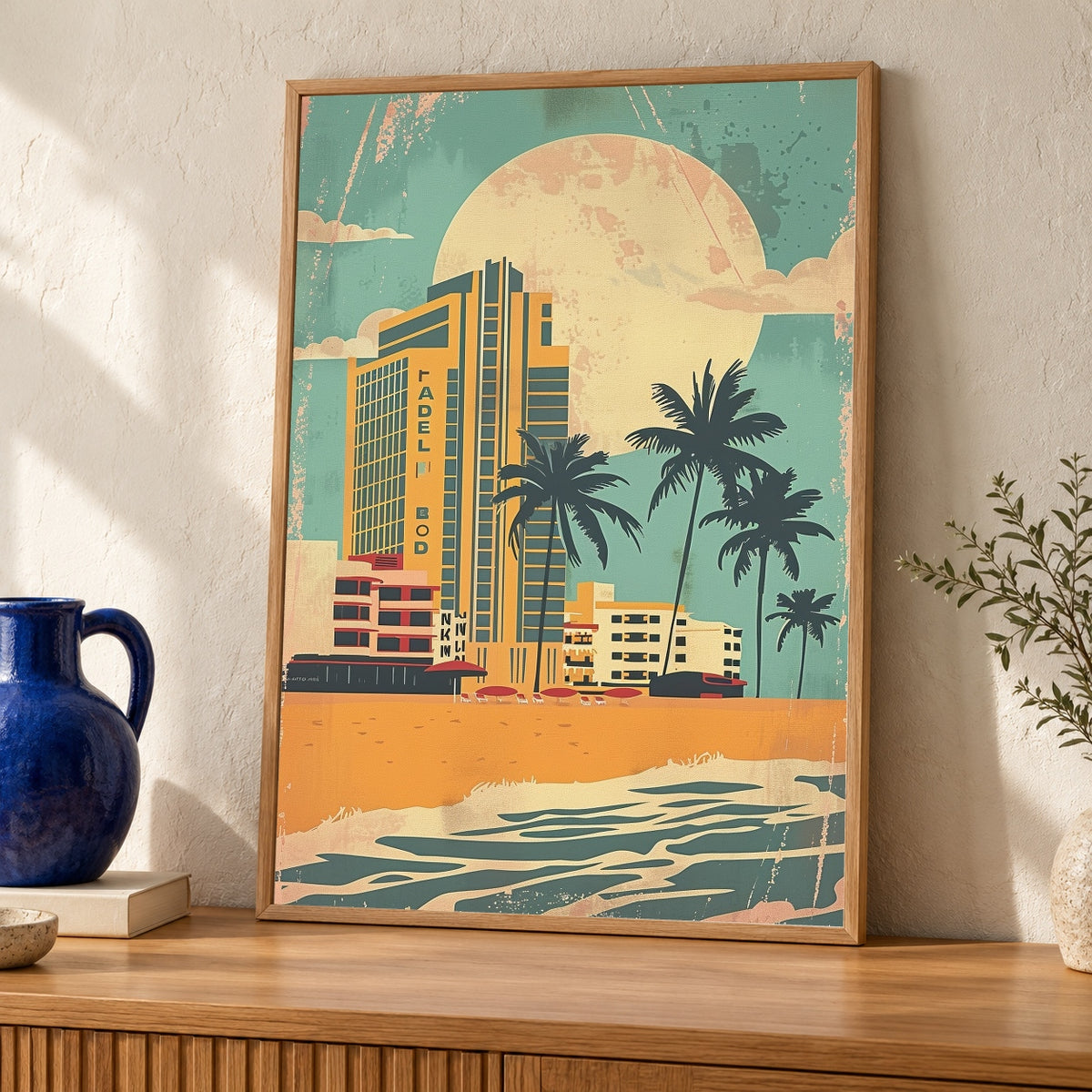 Miami Beach Poster, Art Deco Print, Retro Travel Decor — oak frame room mockup