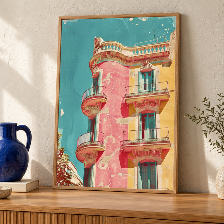 Retro Travel Poster, Barcelona Gaudi Building Print, Vintage City Decor