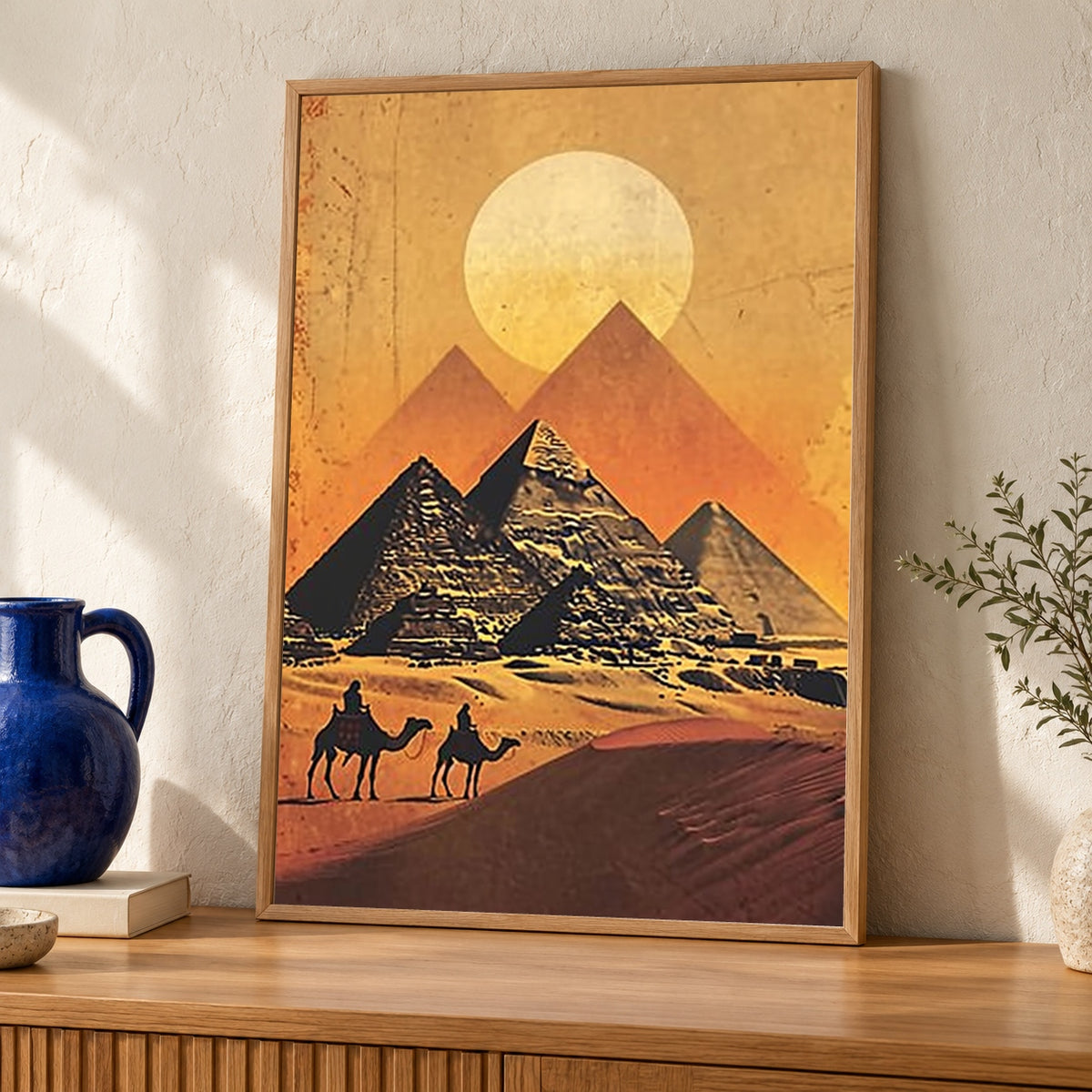 Retro Travel Poster, Egypt Pyramids Sunset, Camel Silhouette Desert — oak frame room mockup