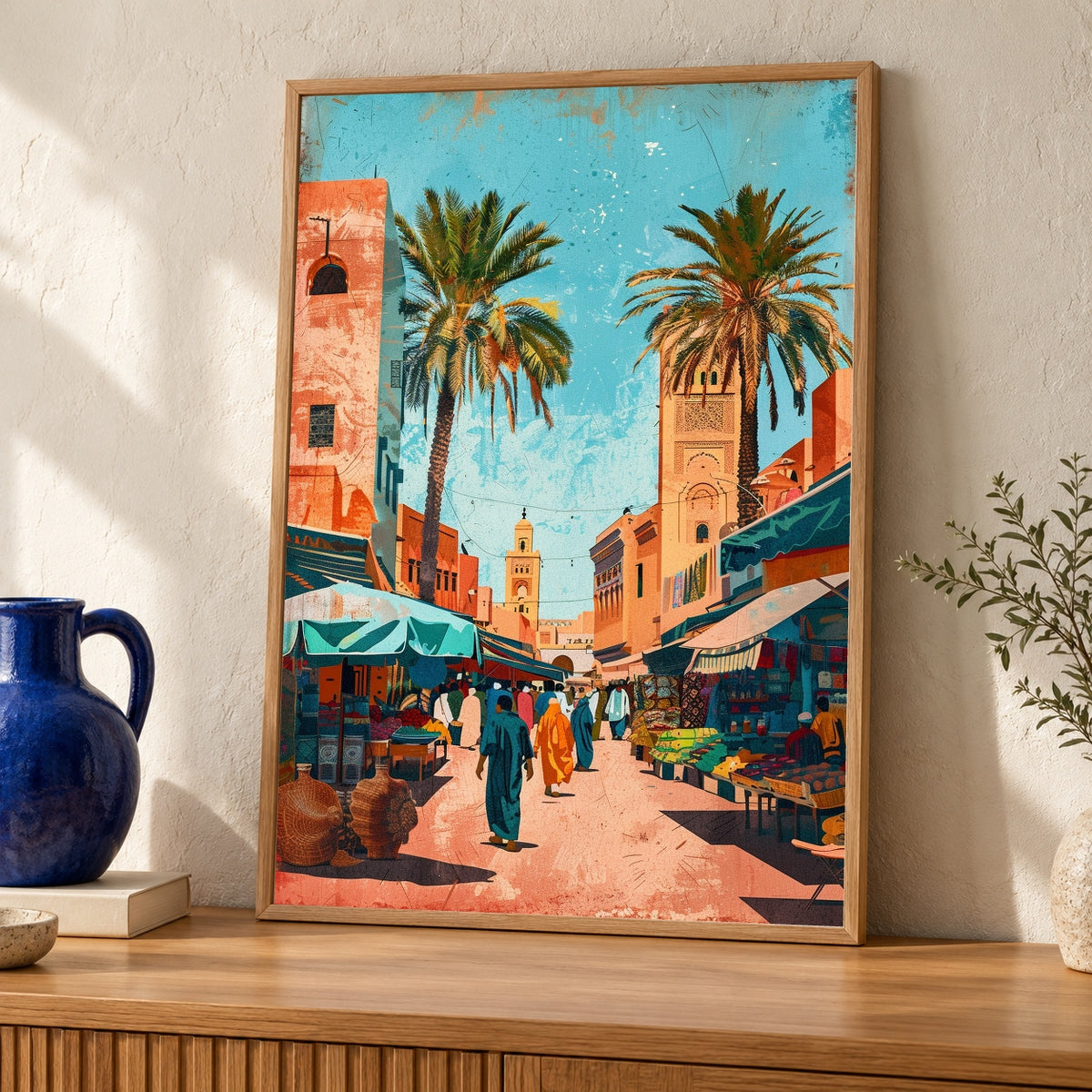 Retro Travel Poster, Marrakech Market Print, Moroccan Decor — oak frame room mockup