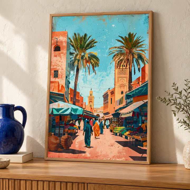 Retro Travel Poster, Marrakech Market Print, Moroccan Decor