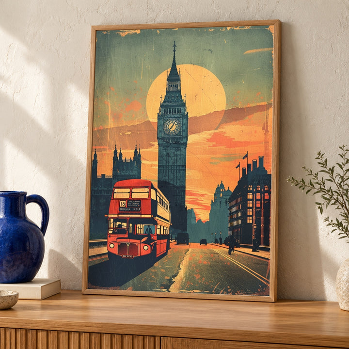 Retro Travel Poster, London Print, Big Ben Bus Artwork