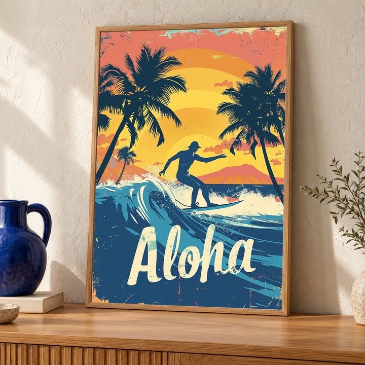 Retro Travel Poster, Hawaii Aloha Surfer Print, Pastel Sunset Beach