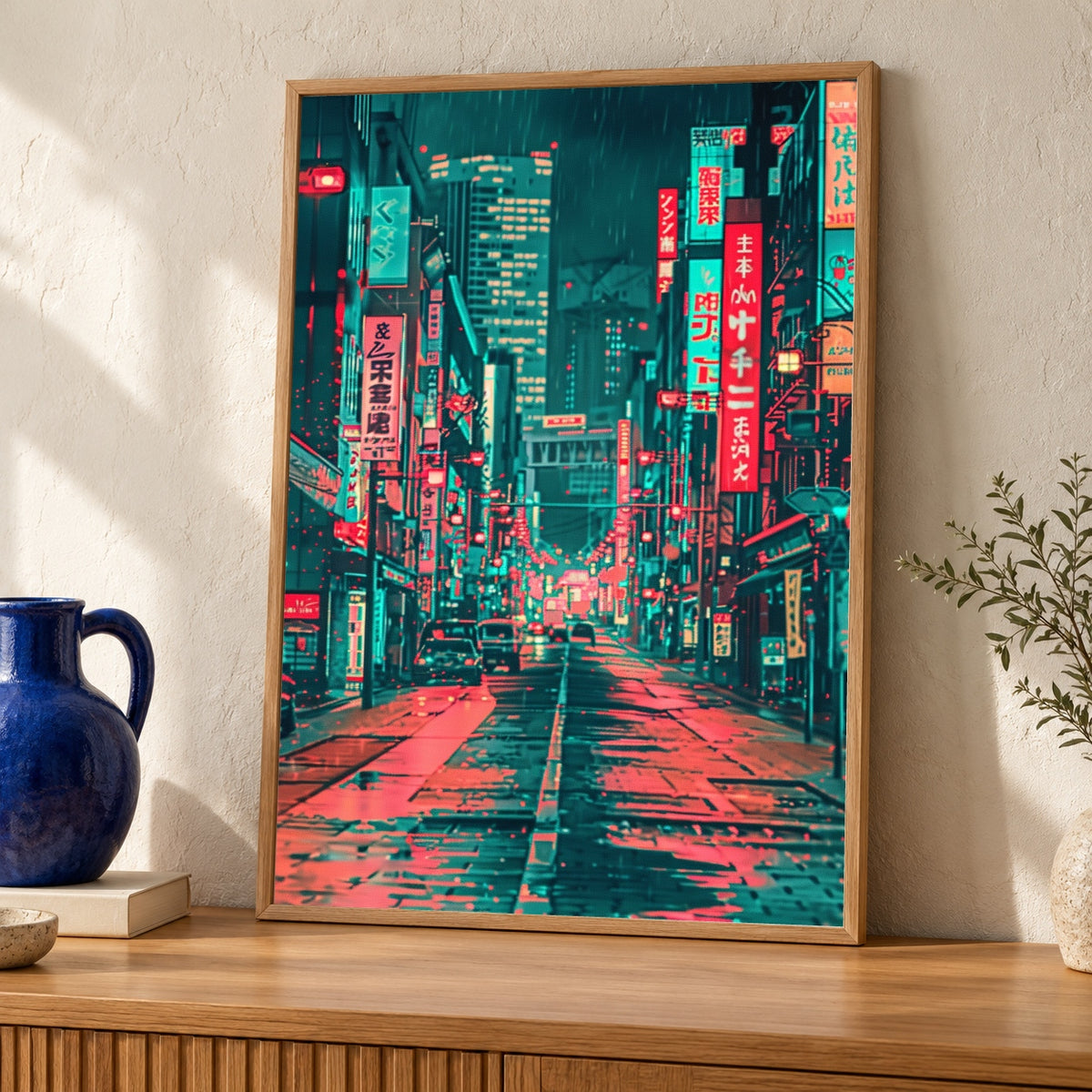 Tokyo Poster, Neon Synthwave City Print, Retro Japan — oak frame room mockup