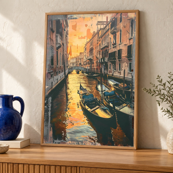 Retro Travel Poster, Venice Canal Gondola Sunset Print