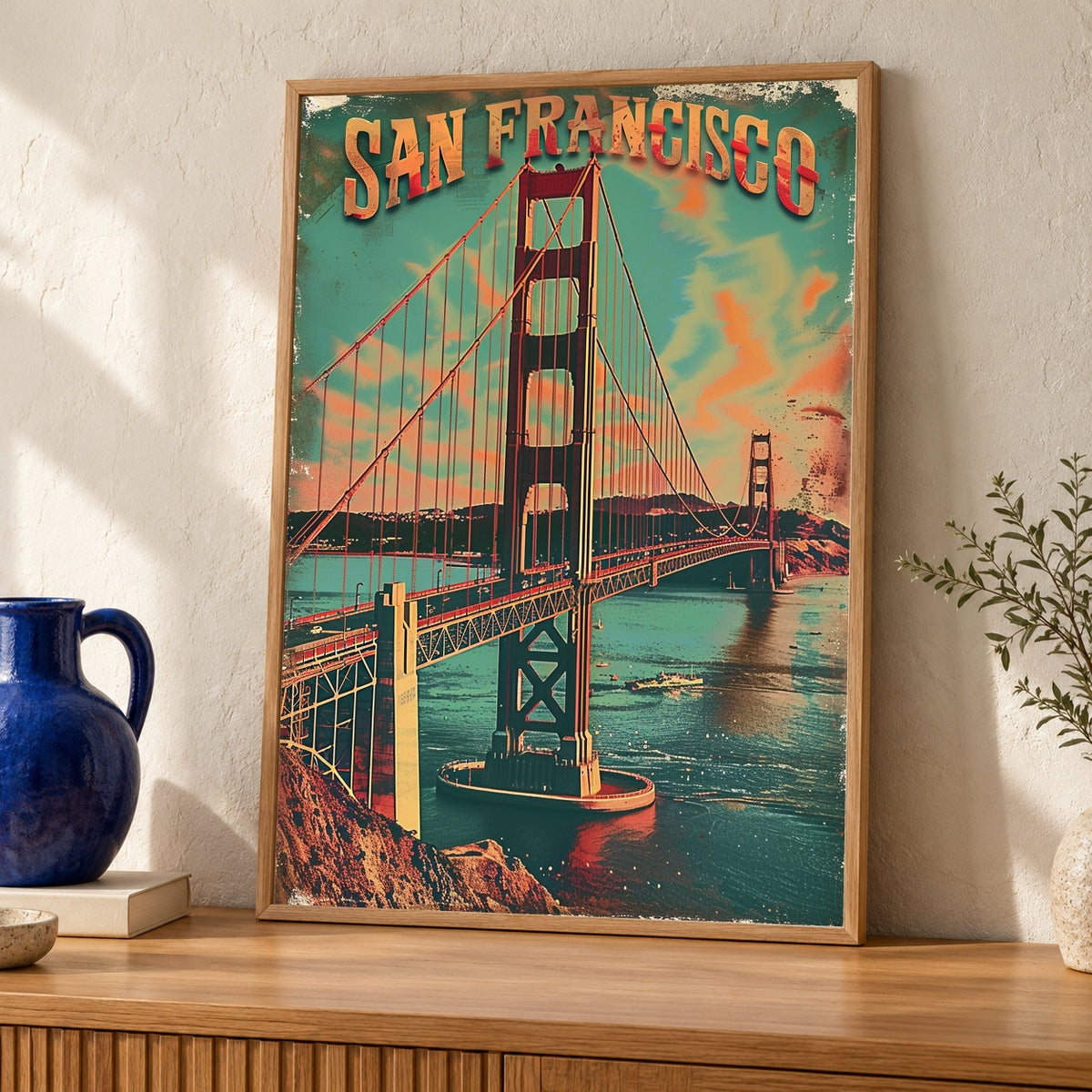 Retro Travel Poster, Golden Gate Bridge San Francisco Print — oak frame room mockup