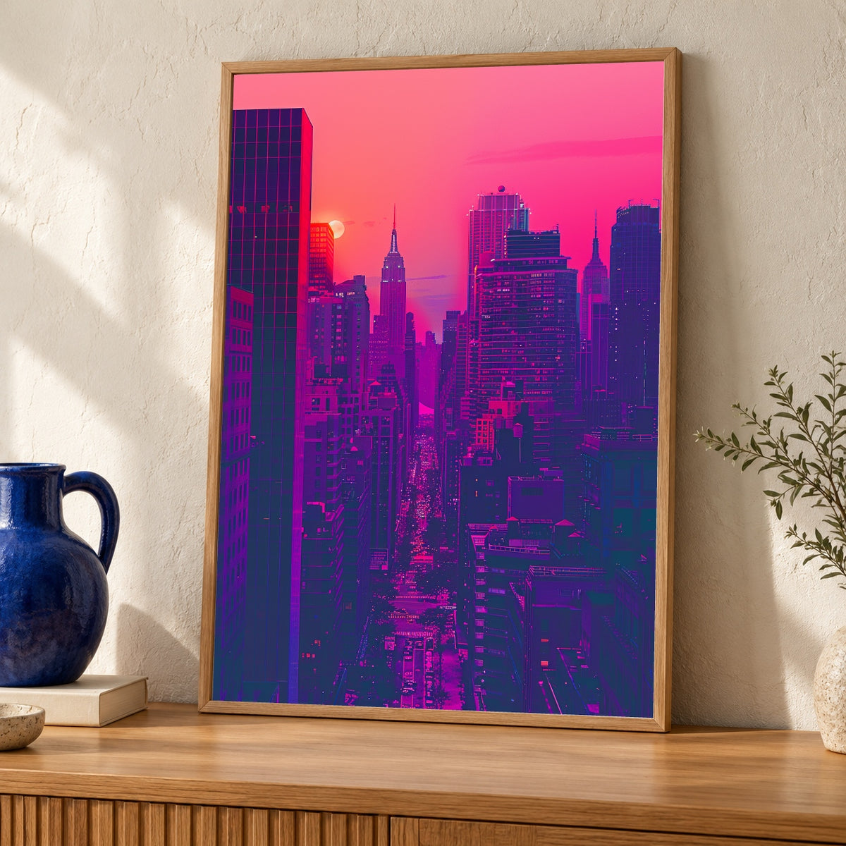 Retro NYC Skyline Art, Neon Pink New York Print — oak frame room mockup
