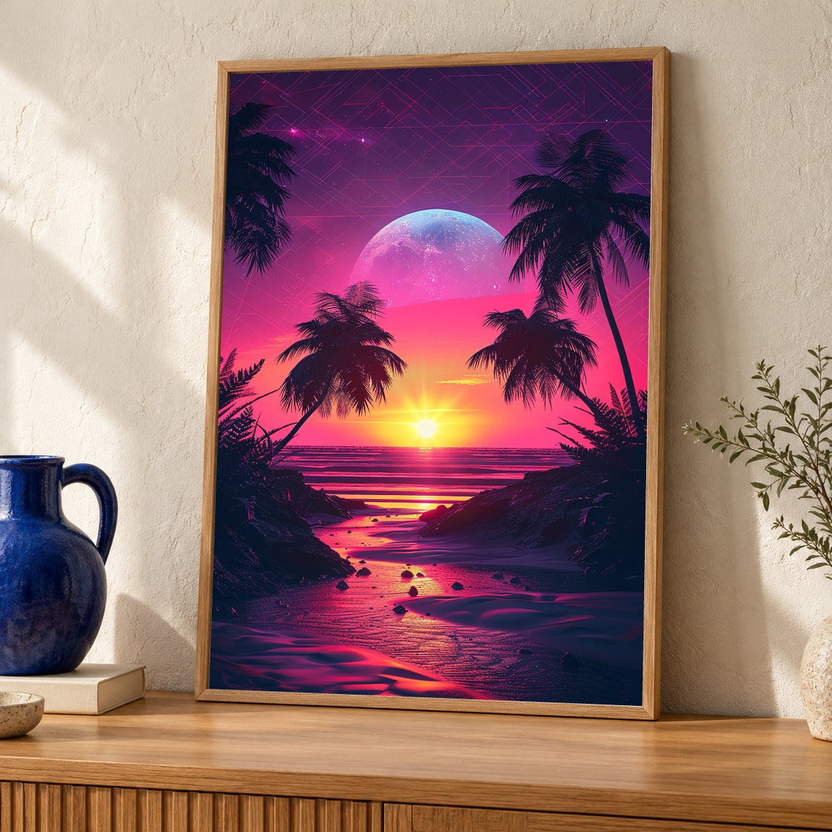 Retro Sunset Wall Art, Neon Palm Trees Print, Synthwave Outrun — oak frame room mockup