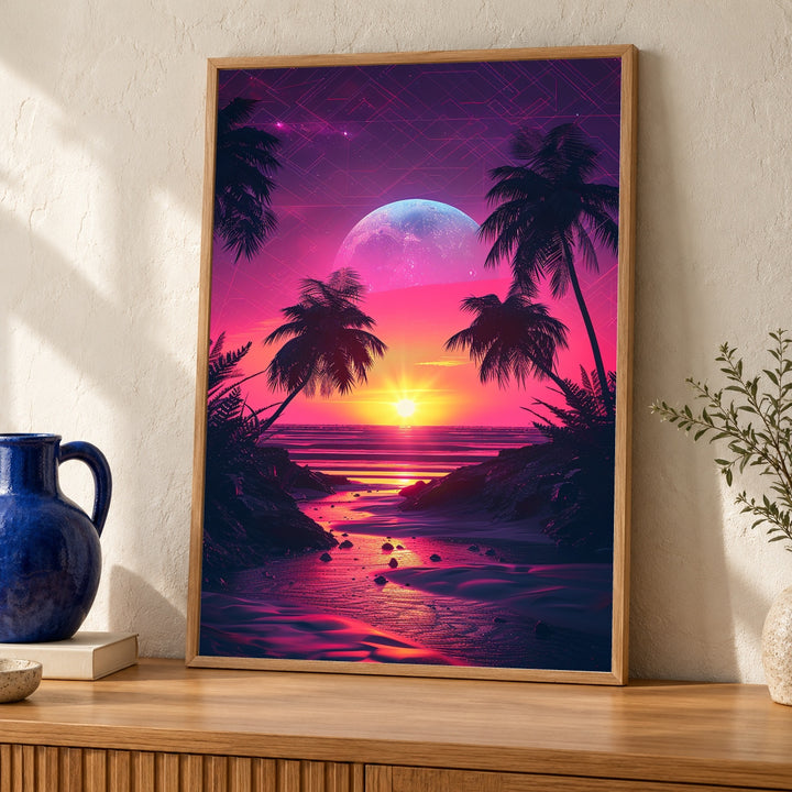 Retro Sunset Wall Art, Neon Palm Trees Print, Synthwave Outrun