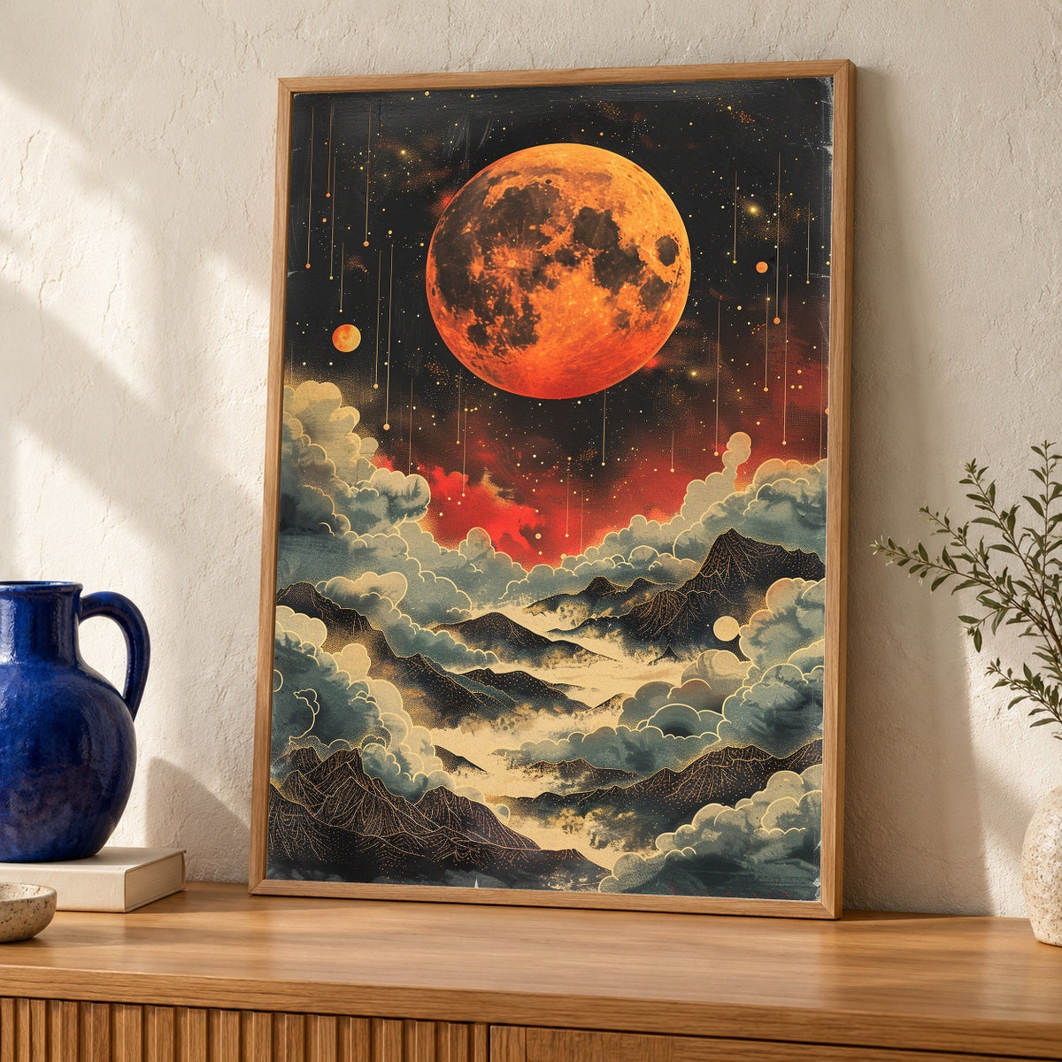 Vintage Planet Wall Art, Psychedelic Celestial Moon Print — oak frame room mockup