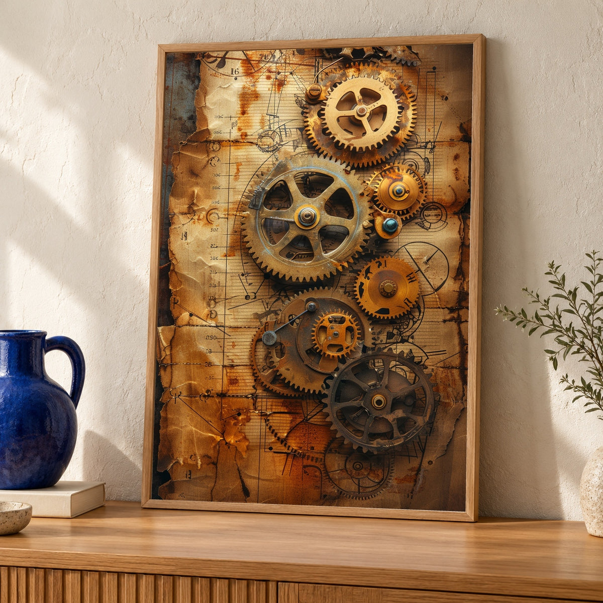 Retro Clockwork Gears, Vintage Technical Print, Mechanical Schema — oak frame room mockup