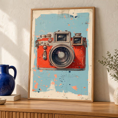 Retro Camera Wall Art, Vintage Film Photography Print, Analog Decor — oak frame room mockup