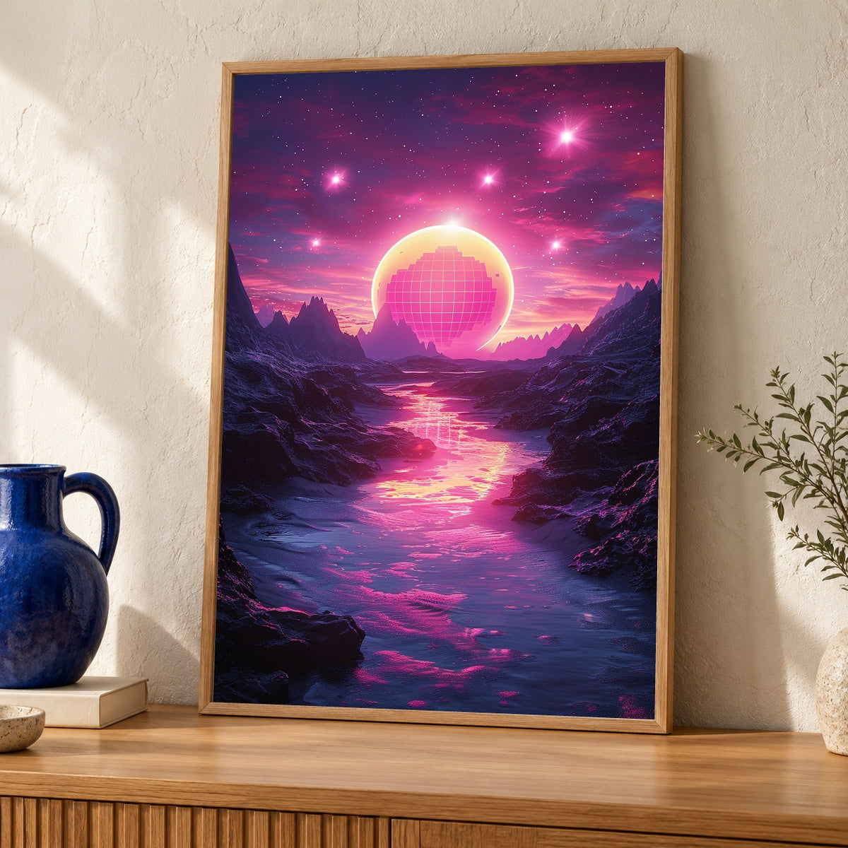 Retro Space Wall Art, Neon Planet Synthwave Print, Vaporwave Poster — oak frame room mockup