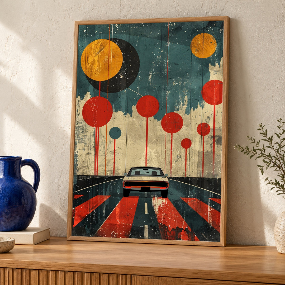 Retro Road Art, Vintage Car Print, 60s Mid-Century Poster — oak frame room mockup