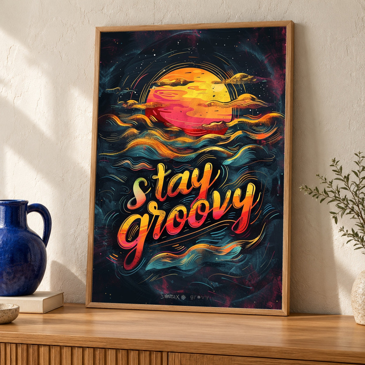 Retro Wall Art, Stay Groovy Typography Print, 70s Color Waves — oak frame room mockup