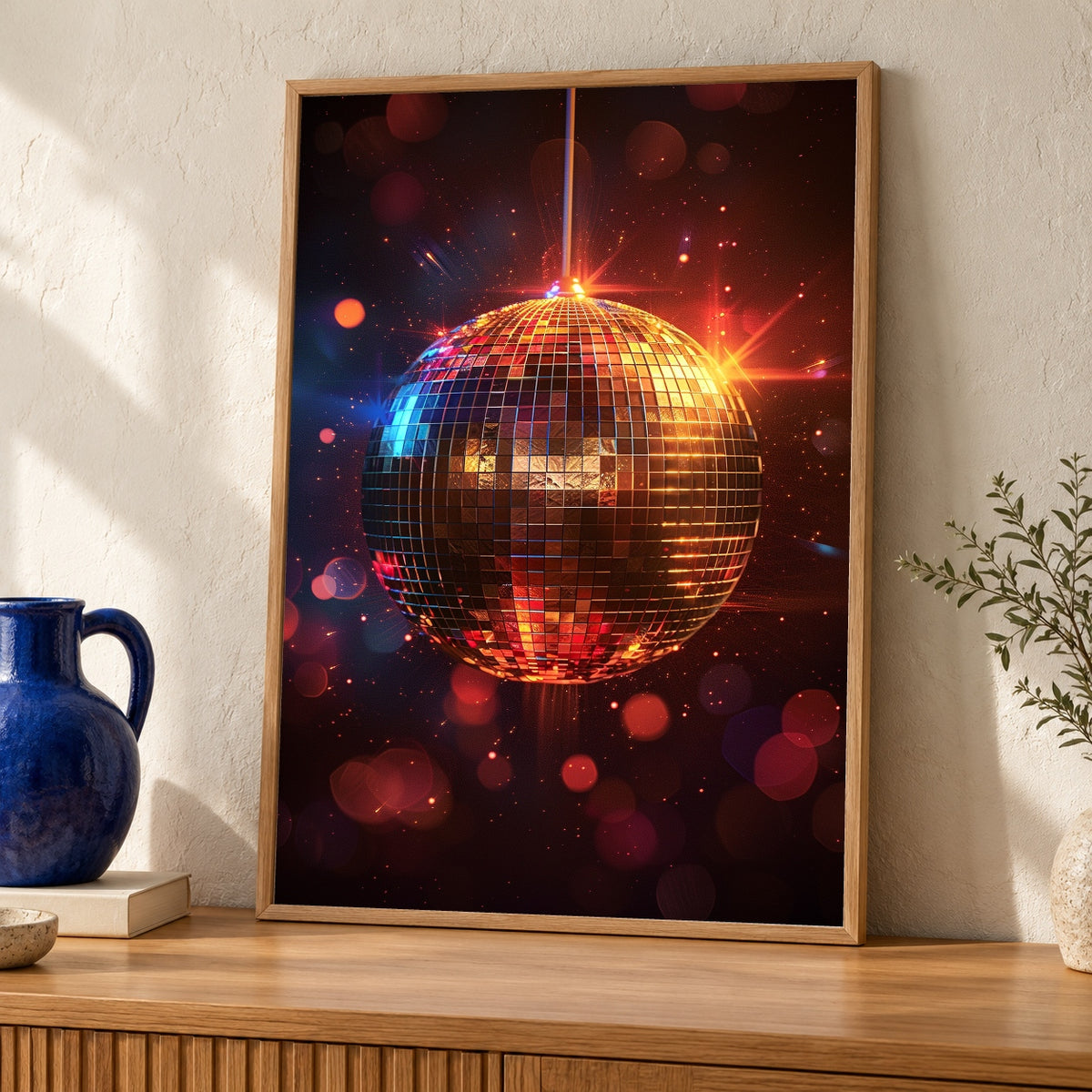 Retro Disco Ball Art, Vintage 70s Dance Floor Print — oak frame room mockup