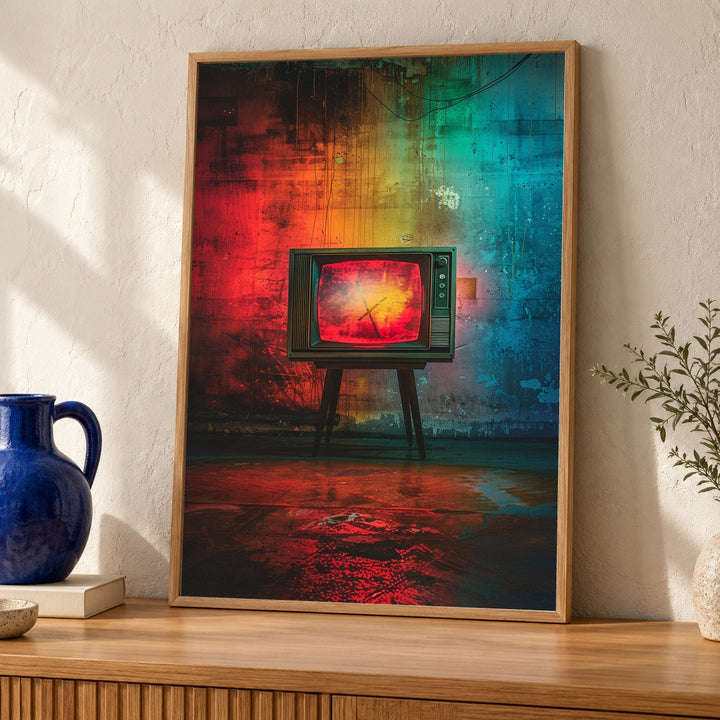 Retro TV Wall Art, Vintage Color Bars Print, 80s Glitch Nostalgia