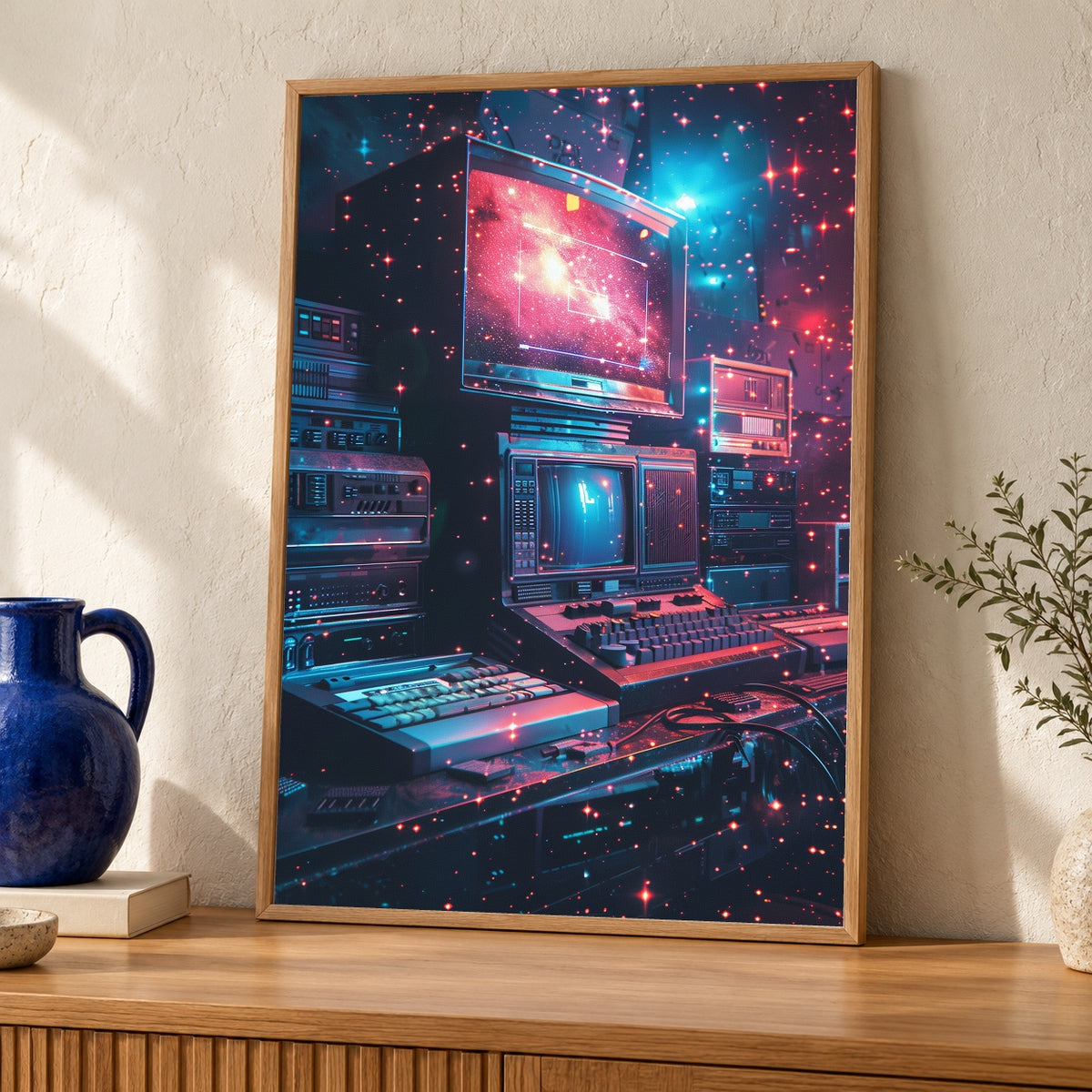 Retro Wall Art, 80s VHS Glitch Neon Computer Print, Vaporwave Poster — oak frame room mockup