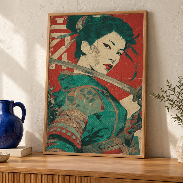 Female Samurai Poster, Vintage Japanese Warrior Wall Art, Bold Retro Samurai Portrait, Traditional Japan Gloss Print