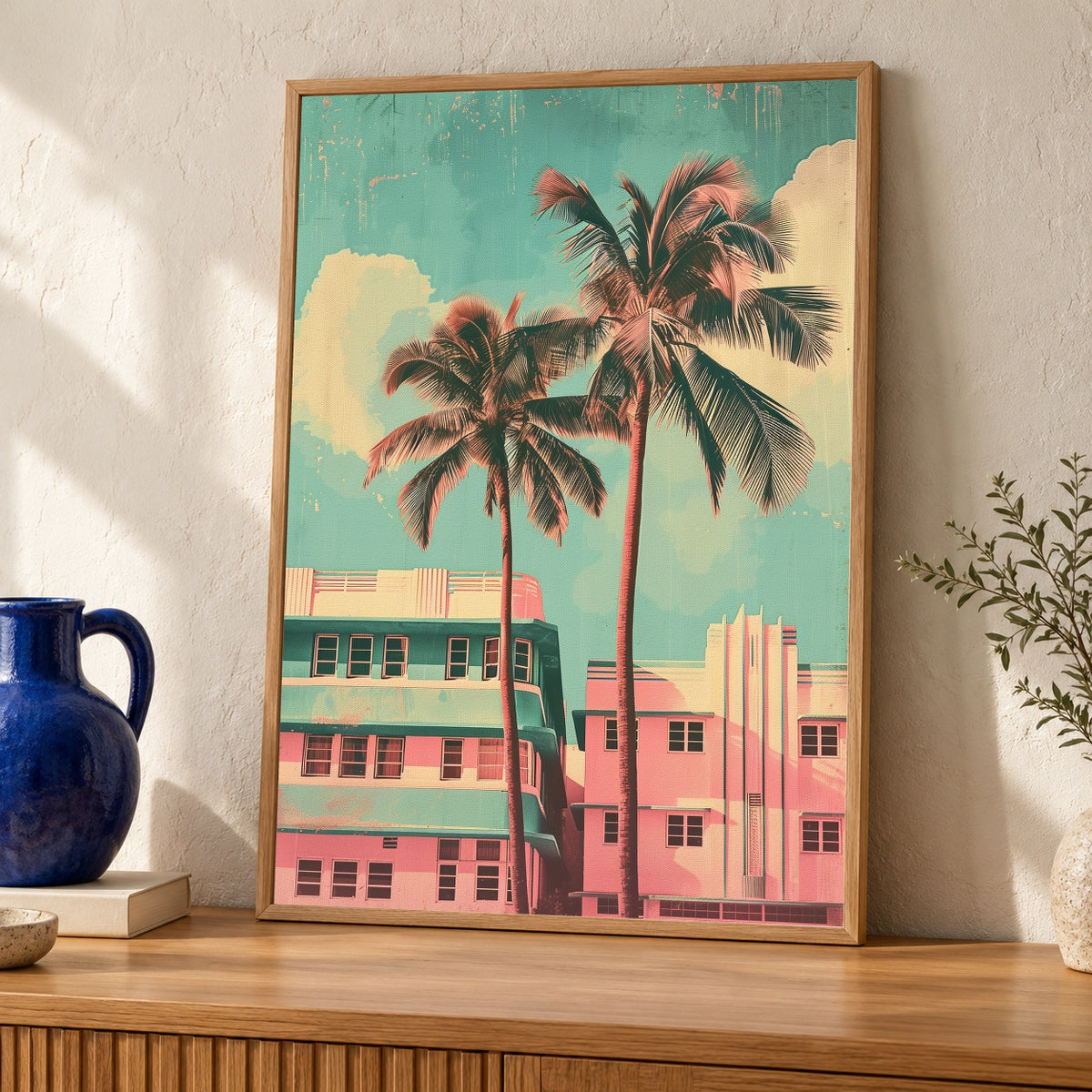 Retro Wall Art, Vintage Miami Beach Travel Poster — oak frame room mockup