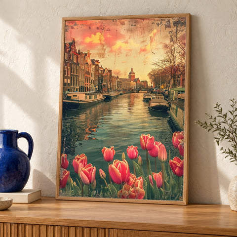 Amsterdam Canal Art, Retro Tulip Sunset Poster — oak frame room mockup