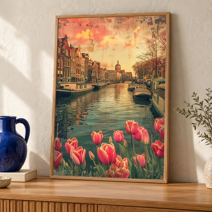 Amsterdam Canal Art, Retro Tulip Sunset Poster