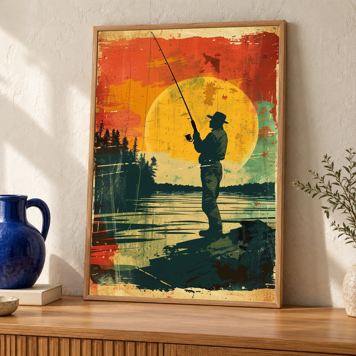 Retro Fishing Poster, Vintage Fisherman Wall Art, Nostalgic Outdoor Sports Print, Rustic Colors, Retro Sports Illustration Gloss