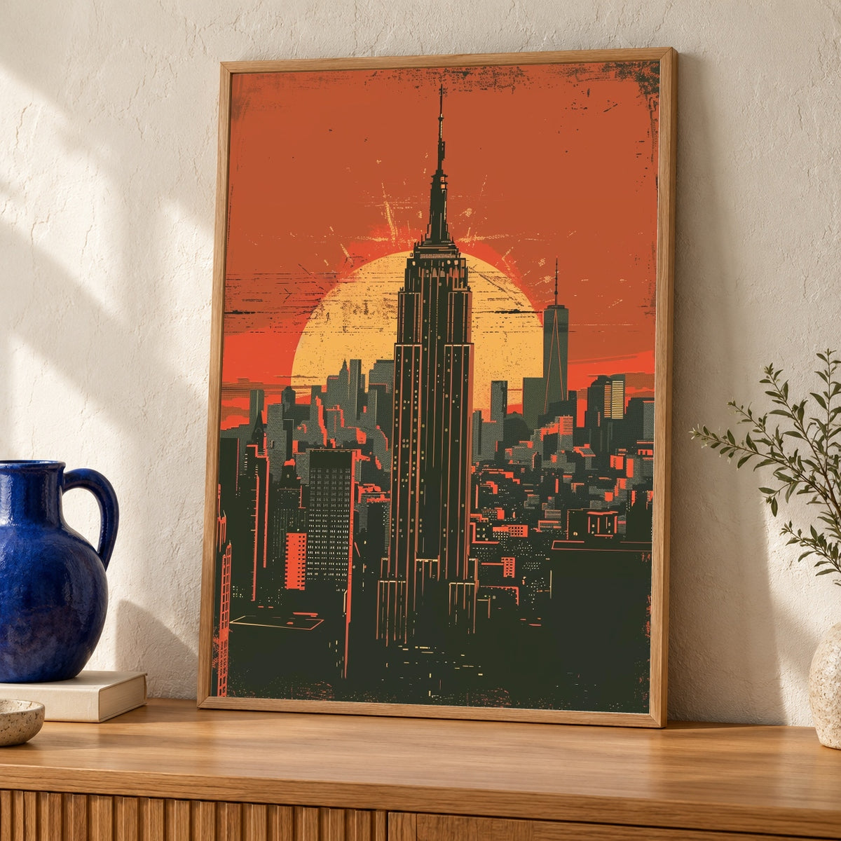 Retro Travel Poster, New York Skyline Print, Empire State Building — oak frame room mockup