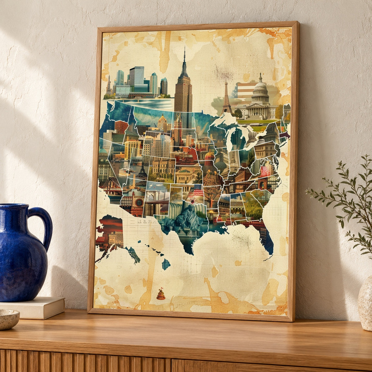 Patriotic Wall Art, USA Landmarks Map, Retro American Collage — oak frame room mockup