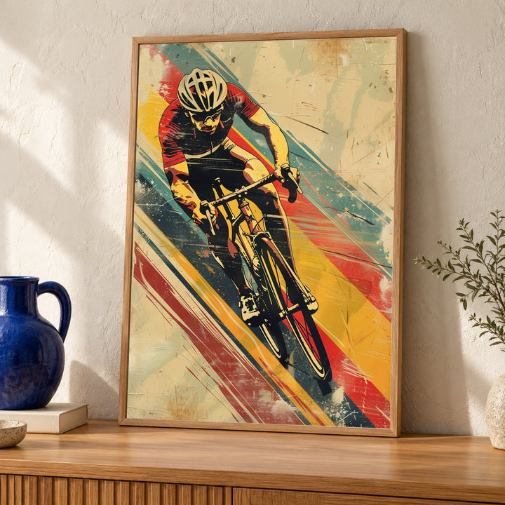 Retro Cycling Race Poster, Vintage European Bike Wall Art, Mid Century Sports Design, Cyclist Uphill Illustration Gloss Print
