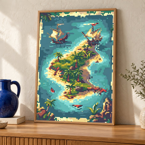 Fantasy Map Print, Retro Pixel Island Art, RPG Gamer Gift — oak frame room mockup