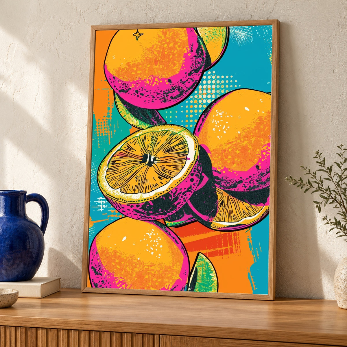 Pop Art Fruit Print, Retro Disco Oranges, Kitchen Decor — oak frame room mockup