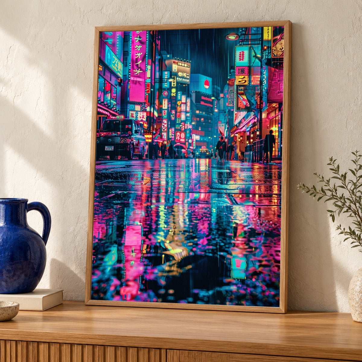 Retro Travel Poster, Tokyo Neon Rainy Street Print — oak frame room mockup
