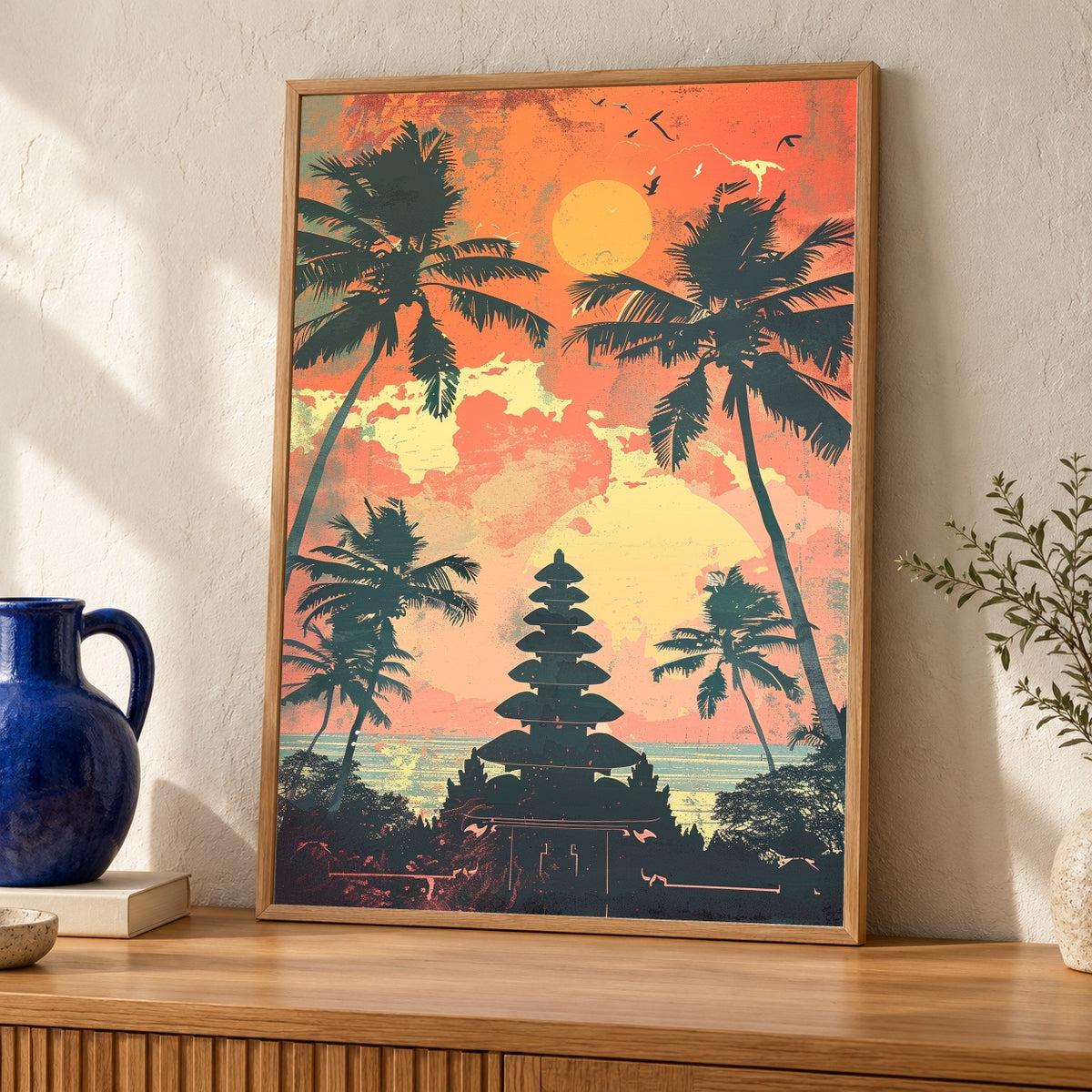 Retro Bali Poster, Ancient Temple Silhouette, Tropical Sunset — oak frame room mockup
