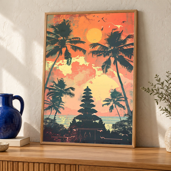 Retro Bali Poster, Ancient Temple Silhouette, Tropical Sunset