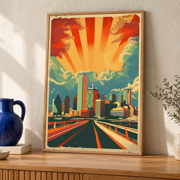 Dallas Skyline Print, Retro Travel Poster, Vintage City Wall Art
