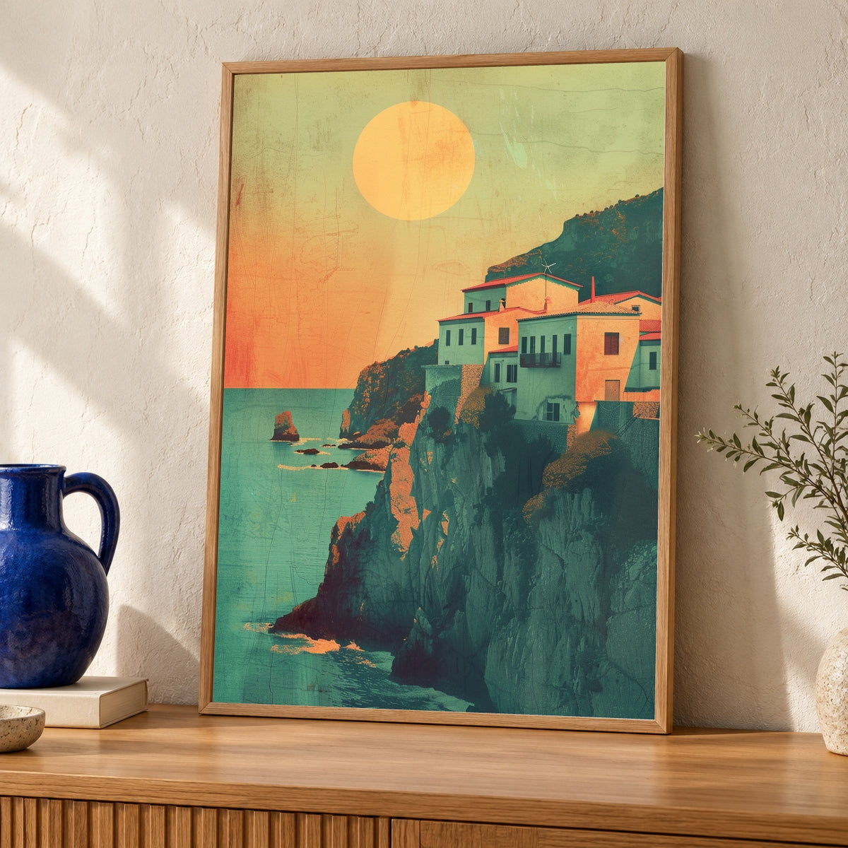 Retro Greek Islands, Cliffside Village Sunset Print, Vintage Travel Poster — oak frame room mockup