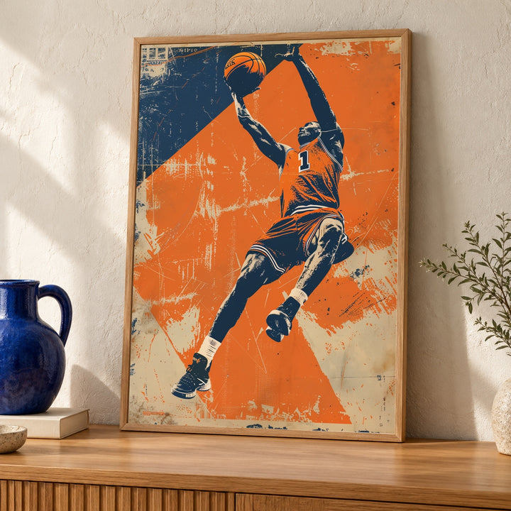 Retro Basketball Slam Dunk Poster, 80s Vintage Sports Wall Art, Halftone Athlete Print, Mid Century Gym Decor Gloss Print