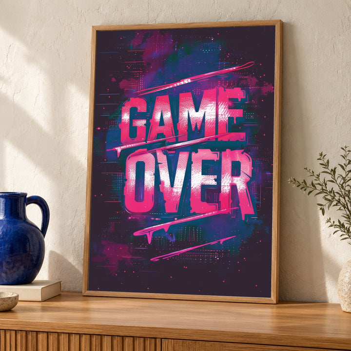 Gaming Wall Art, Retro Arcade Poster, Neon Glow Game Over Print