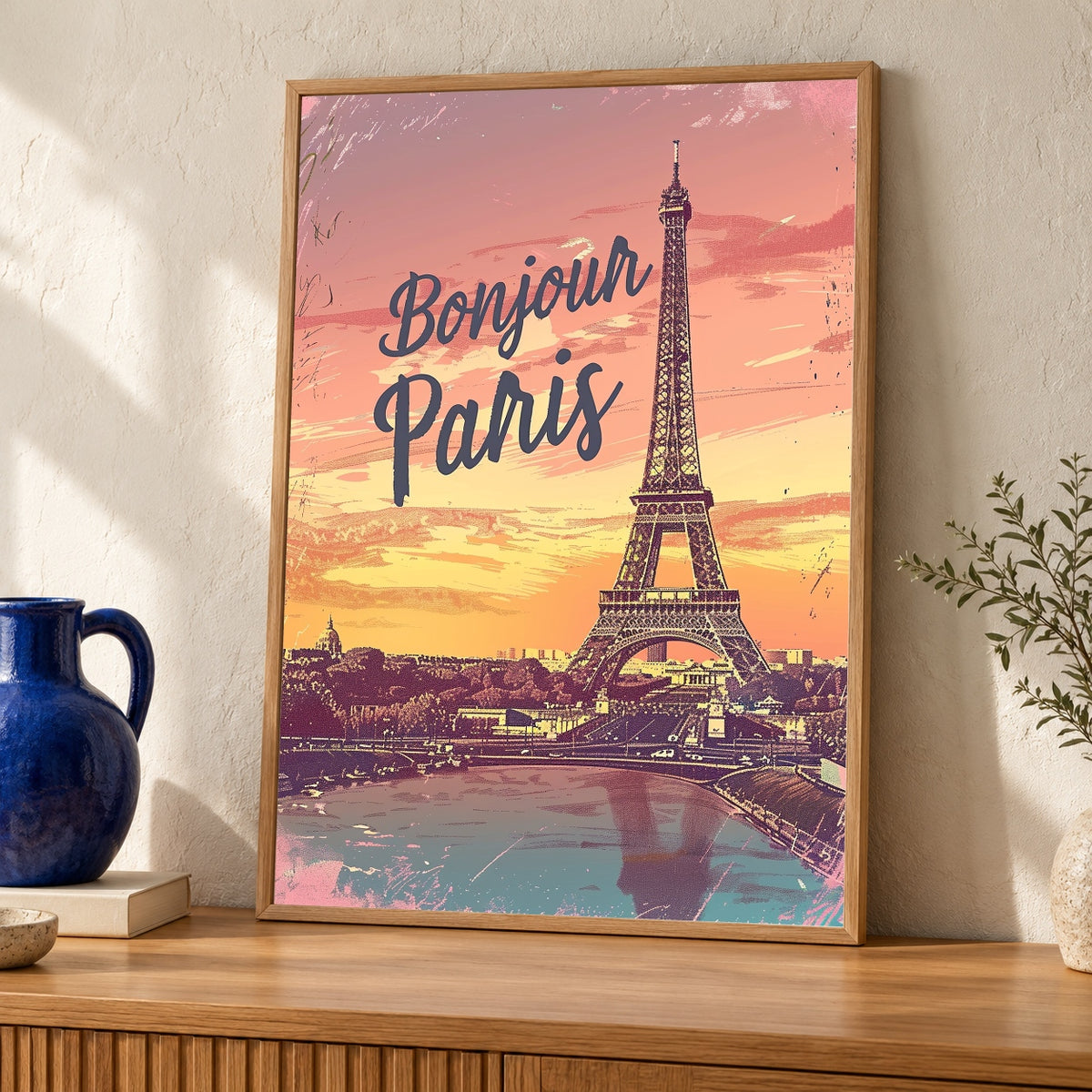 Retro Travel Poster, Paris Wall Art, Eiffel Tower Sunset Print — oak frame room mockup