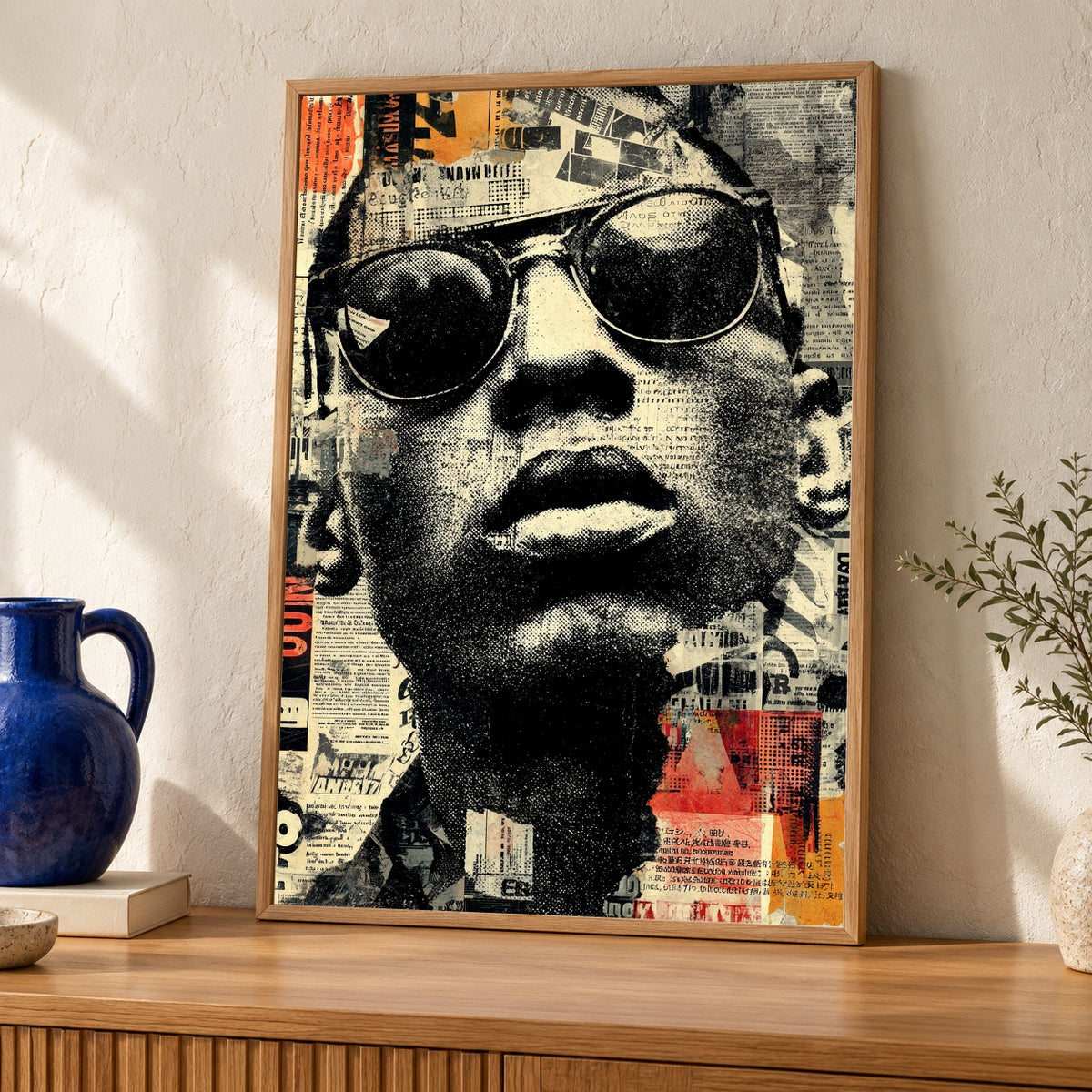 Hypebeast Decor Wall Art, Retro Hip Hop Newspaper Collage — oak frame room mockup