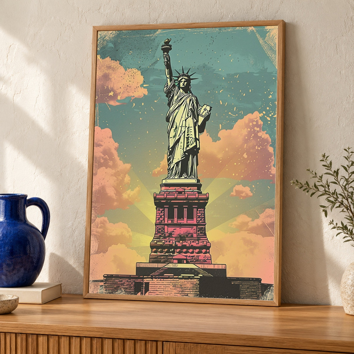 Statue of Liberty Retro Travel Poster, Vintage New York Wall Art, 1950s Tourism Style, Mid Century NYC Landmark Gloss Print — oak frame room mockup