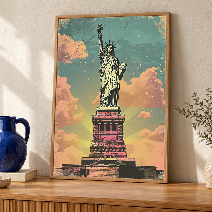 Statue of Liberty Retro Travel Poster, Vintage New York Wall Art, 1950s Tourism Style, Mid Century NYC Landmark Gloss Print