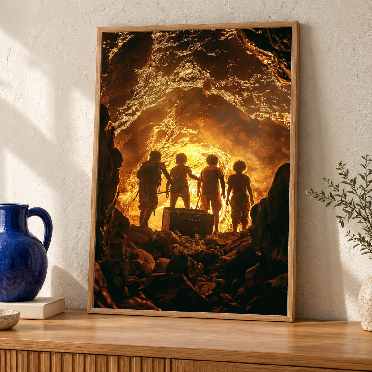 Retro Adventure Poster – Kids Discovering Treasure Chest, Glowing Gold Cave, Nostalgic 80s Cinematic Style Wall Art Print — oak frame room mockup