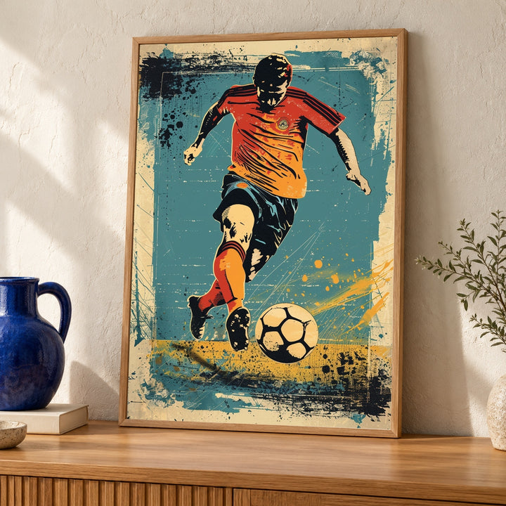 Retro Soccer Poster, 1970s Vintage Football Wall Art, European Football Player Illustration, Halftone Sports Print Gloss