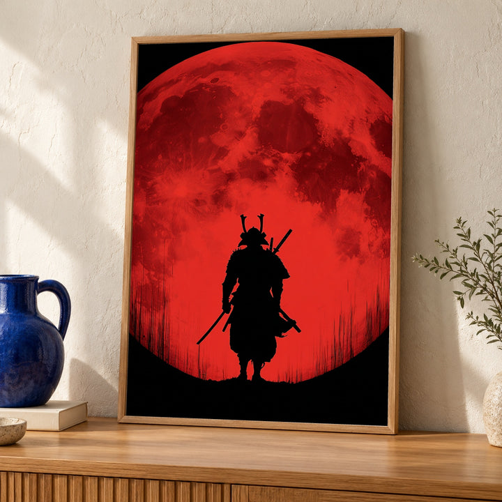 Samurai Blood Moon Art, Japanese Warrior Silhouette Print