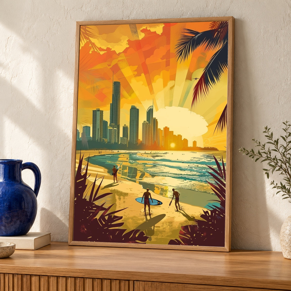 Retro Travel Poster, Gold Coast Australia Surf Print — oak frame room mockup