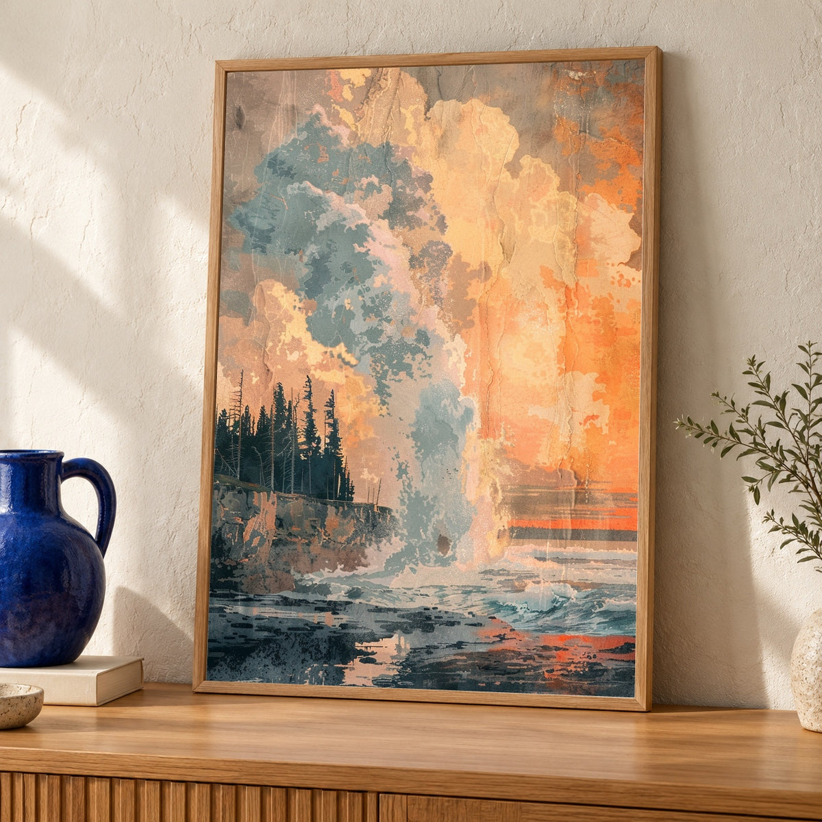 Retro Wall Art, Yellowstone National Park Geyser Vintage Poster — oak frame room mockup
