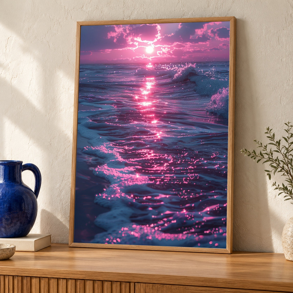 Retro Wave Ocean Art, Neon Sunset Print, Synthwave Vaporwave Poster — oak frame room mockup